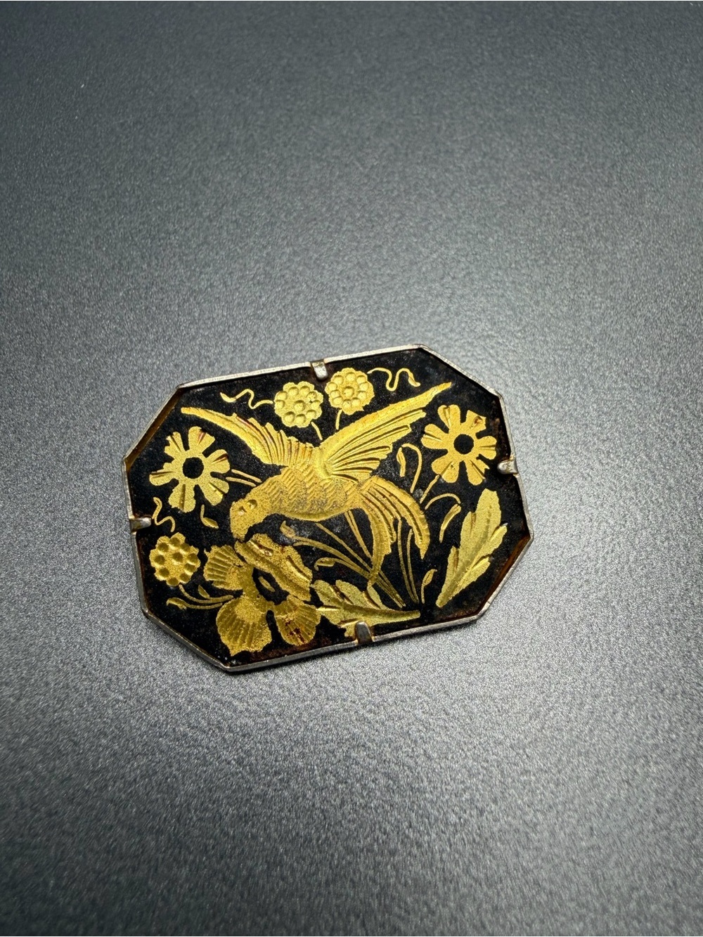 🙈2/$40 Vintage Damascene Bird Floral Octagon Brooch #12da
